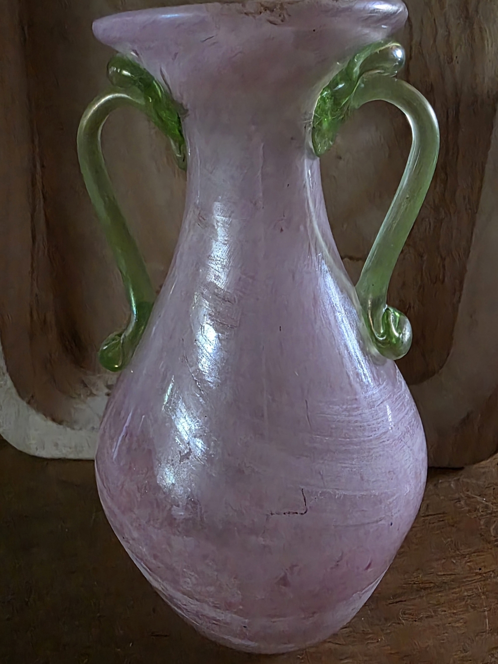 Vintage Murano Style Pink Art Glass Vase w/ Applied Green Handles Iridescent